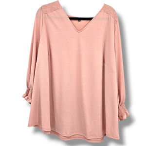 Adrianna Papell Women's Plus V Neck Smock‎ Detail Blouse Pink Size 3X